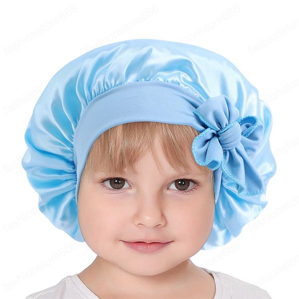 

adjust kids solid color satin bonnet wide stretchy band long tail children bonnet girls high elastic night sleeping cap hats, Blue;gray