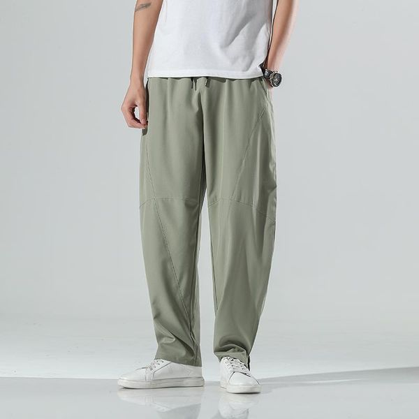 

men's summer thin section micro-elastic solid color mid-waist straight loose youth chinese style simple wild men pants, Black