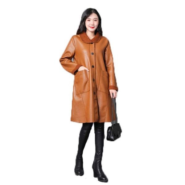 

women's leather & faux 2021 mom winter keep warm pu coat women plus size loose jacket autumn lamb suede long n1427, Black