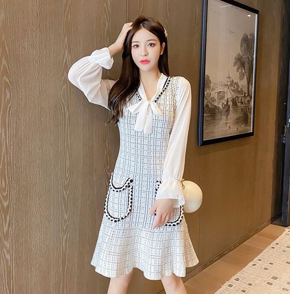 

casual dresses 2021 autumn bow collar tie up knit women mesh knitting patchwork high waist korea chic female sweater, Black;gray