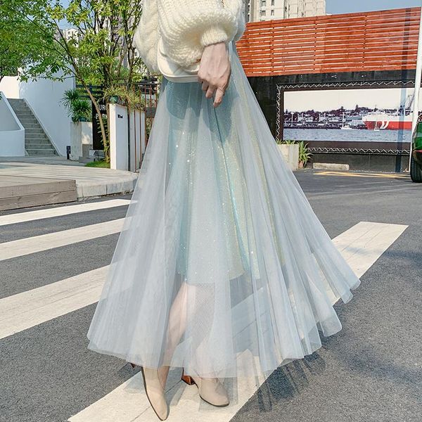 

skirts autumn winter metallic maxi long mesh skirt patchwork sequined gradient a-line flared ankle tulle, Black