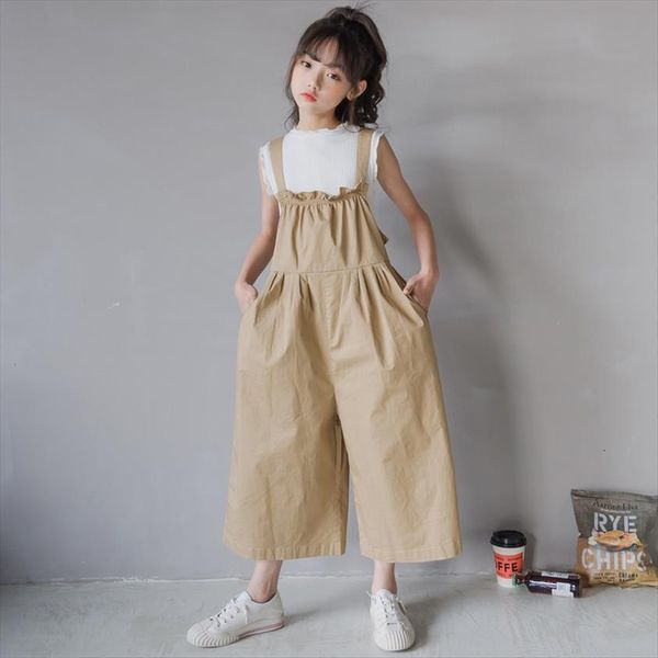 

girls clothes set teen cute korean casual vest and overalls wide leg pants fashion children two piece suit, 0029, White