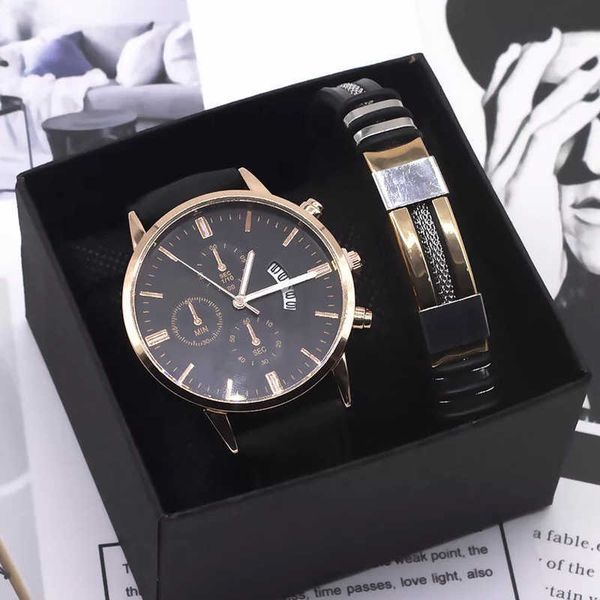 

2pcs/set man watch bracelet set fashion leather band alloy case quartz wrist men calendar clock business gift with box 210728, Slivery;brown