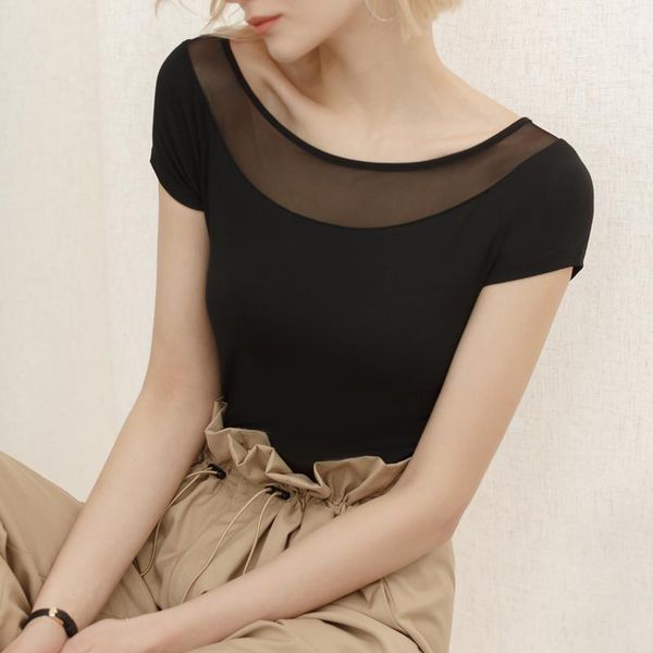 

splicing mesh o neck short sleeve t-shirts women casual basic summer slim t shirt solid female tee outdoor women's t-shirt, White