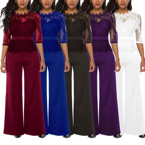 

women's jumpsuits & rompers 2021 spring lady long jumpsuit half sleeve solid skinny office special lace plus size, Black;white