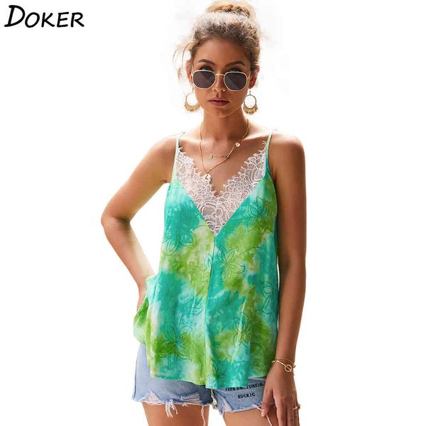 

tie-dye lace stitching v neck sling sleeveless t shirt women casual slim beach party female 210423, White
