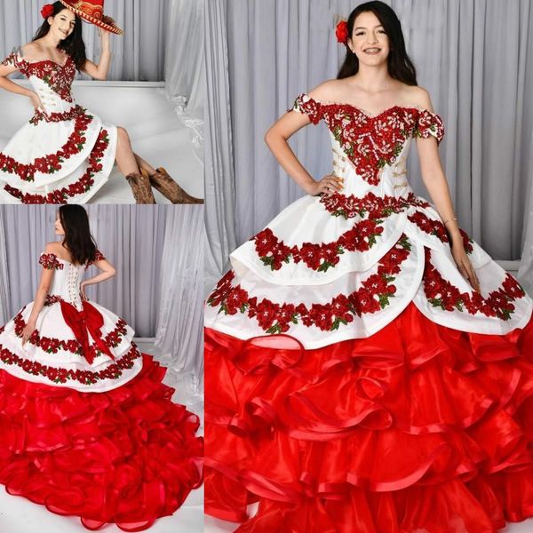 Уникальные красные и белые платья Quinceanera со съемным юбкой 2 в 1 вышивальные сладкие 15 платье Органза оборками аппликации выпускных платьев