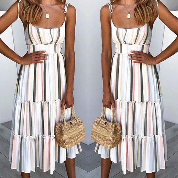 

women's summer stripe print off shoulder sleeveless dress solid color suspender princess robe o202lqy007 casual dresses, Black;gray