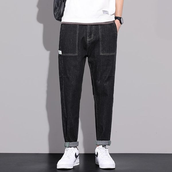 

men's jeans brand solid color thin 2021 summer style casual slim fit elastic student young korea trousers black pants male, Blue