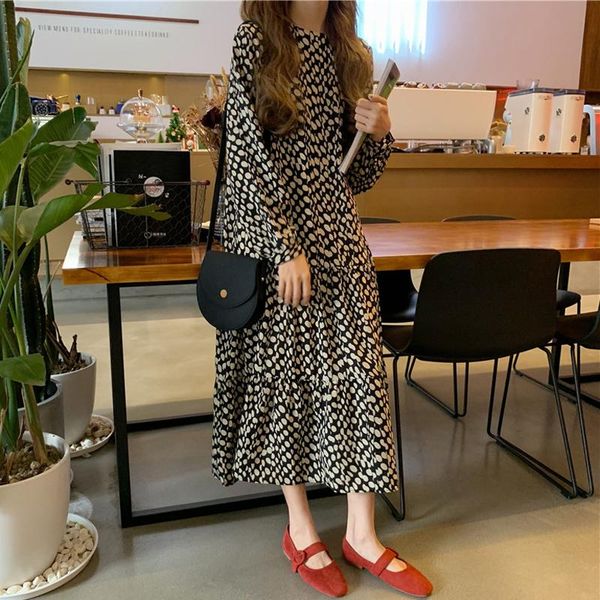 

casual dresses women dress 2021 spring summer vintage print chiffon midi ladies elegant loose clothes rh446, Black;gray