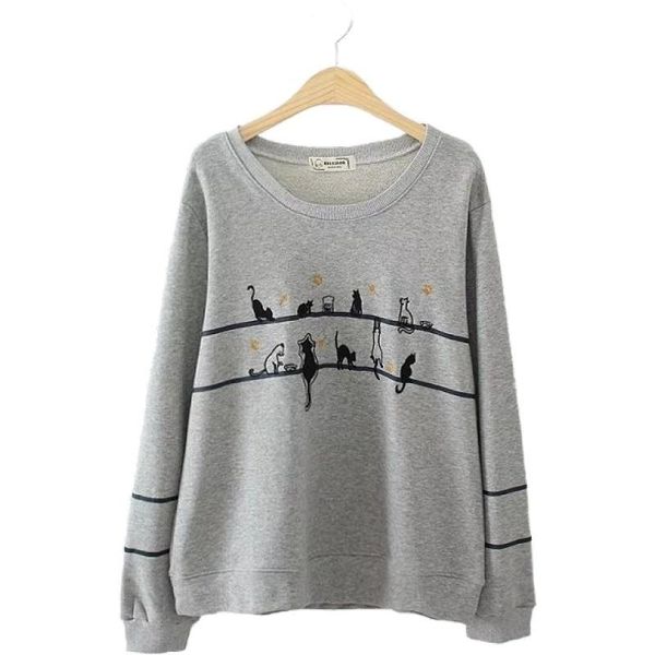 

women's hoodies & sweatshirts women cartoon cat print harakuju 2021 autumn long sleeve o-neck casual loose pullover korean girl tracksu, Black