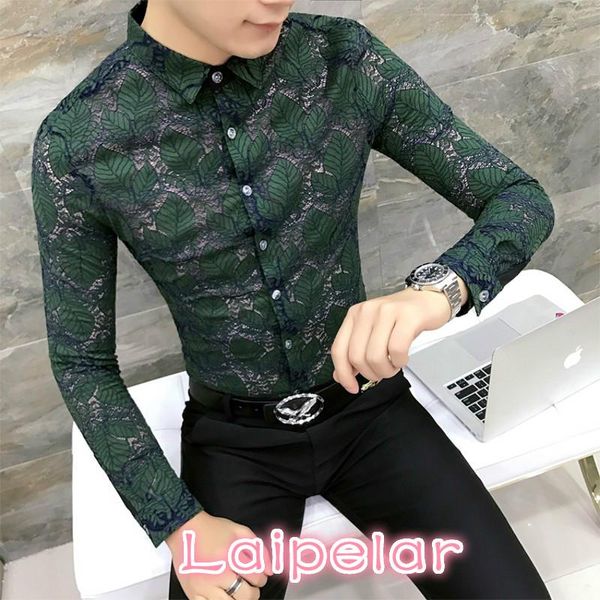 

quality korean lace shirt men fashion spring men's social shirts night club slim fit long sleeve singer casual, White;black