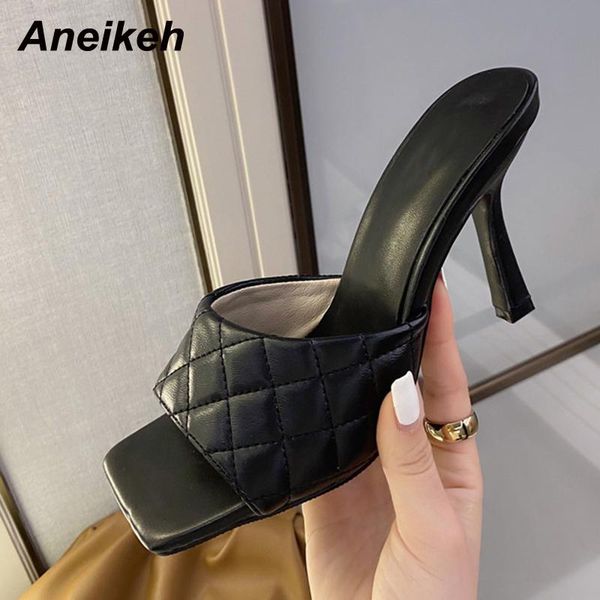 

aneikeh 2021 pu women's shoes summer head peep toe thin heels slippers concise solid shallow party fashion leisure checkered, Black