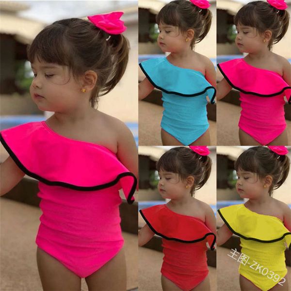 

children's suit children's piece swimsuit with ruffles and one shoulder candy color cute bikini girl, Black