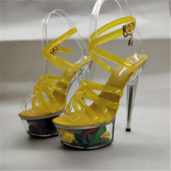 

the model for summer is 15cm thin heel platform sandals, transparent crystal women, sandals, Black
