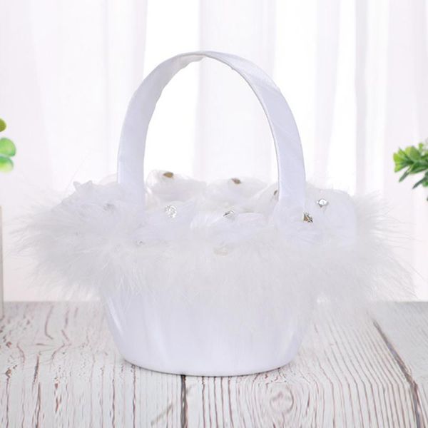 

1x flower girl basket bowknot faux pearl decor ceremony wedding party gift wrap