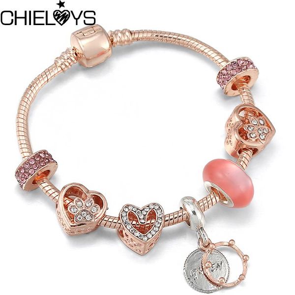 

charm bracelets romantic mom crown beads bracelet with silver color snake chain bangle for women mother jewelry gift drop, Golden;silver