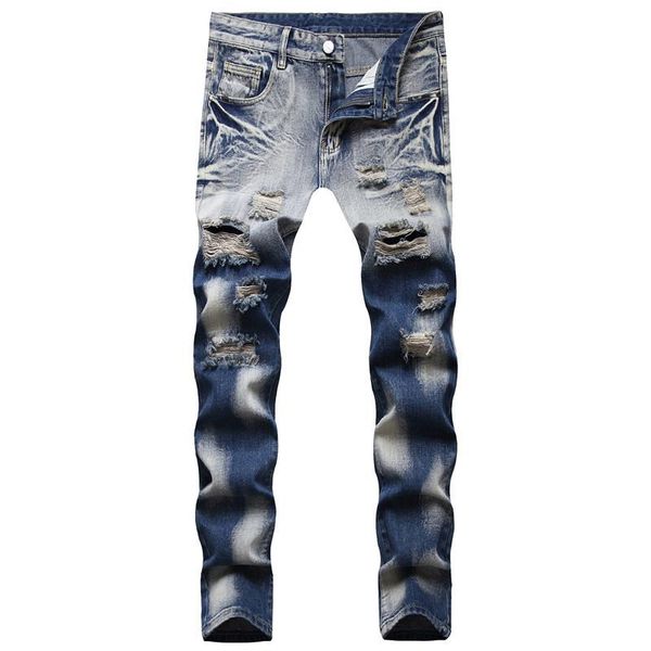 

men's jeans 2021 multi-hole youth straight two-color casual denim trousers, Blue