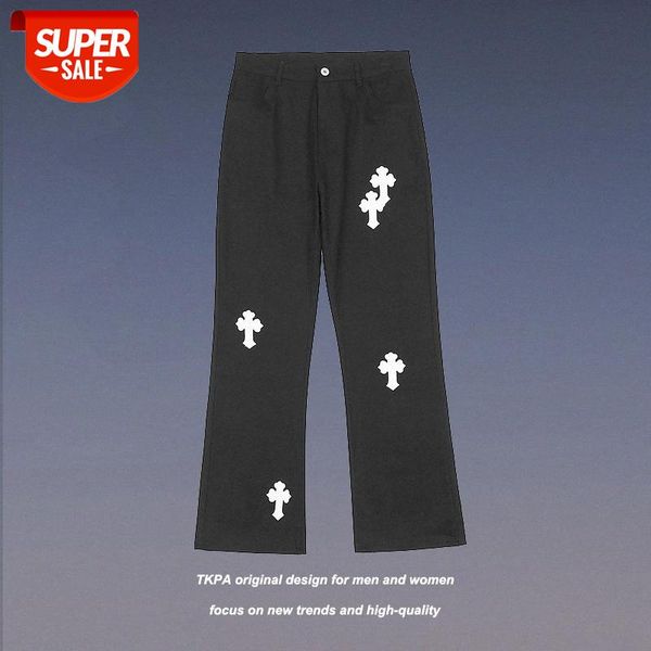 

tkpa black and white cross stitching embroidered micro-flare trousers vibe style hip-hop loose jeans #zo3q