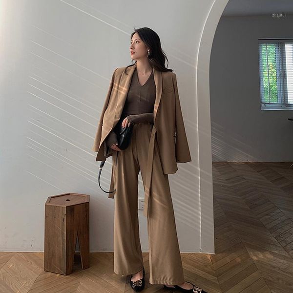 

two piece dress pieces pants set 2021 autumn women's suit waist belt blazer jacket + loose wide leg, White