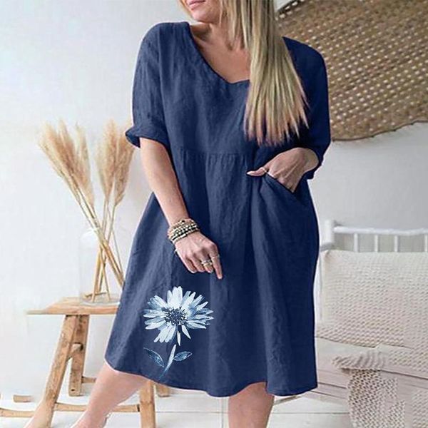 

casual dresses for women 2021 women's half sleeve v-neck print cotton and linen loose dresss plus size beach dress, Black;gray