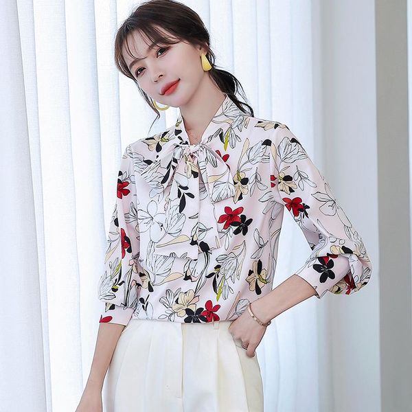 

women's blouses & shirts autumn v-neck shirt long sleeve splicing printed blouse lady loose chiffon casual fashion, White