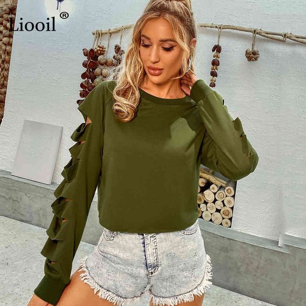 

shorts casual loose hollow out shirts women long sleeve o neck autumn winter clothes women's army green hole and blouses, White;black