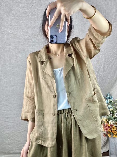 

luxury ets 2021 summer leading national ramie brown single breasted solid color korean suit coat women's casual style, Black;brown