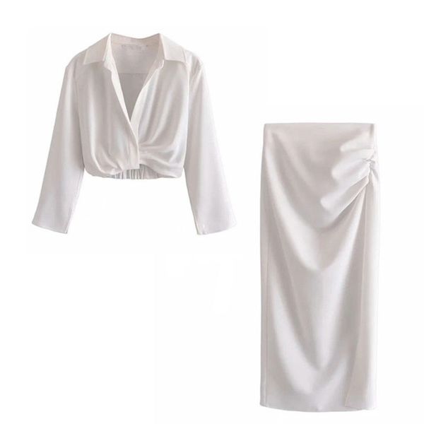 

nlzgmsj za two piece set women folds white blouse suit high waisted skirts sets woman summer female outfit 07 211106