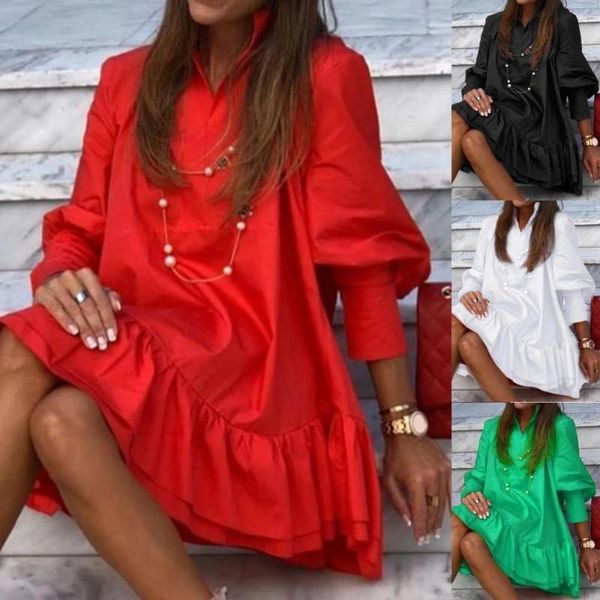 

casual dresses women elegant solid color stand collar ruffle loose mini dress long puff sleeve large hem for spring 2021, Black;gray