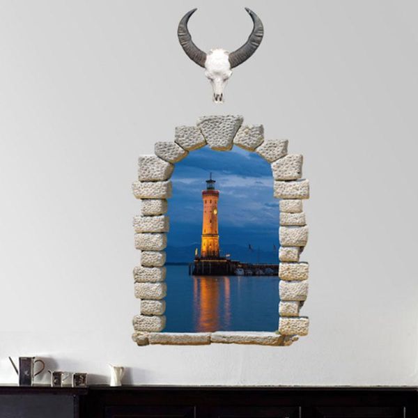 Adesivos de parede Criativo 3D Farol Art Janela Decoração Casa Paisagem Paisagem PVC Sala Decoração Removível Europeu P