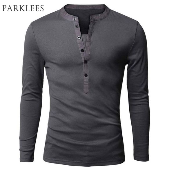 

unique t shirt men brand single breasted v neck long sleeve henley shirt european fashion dark gray tee shirt men t-shirt xxl 210329, White;black