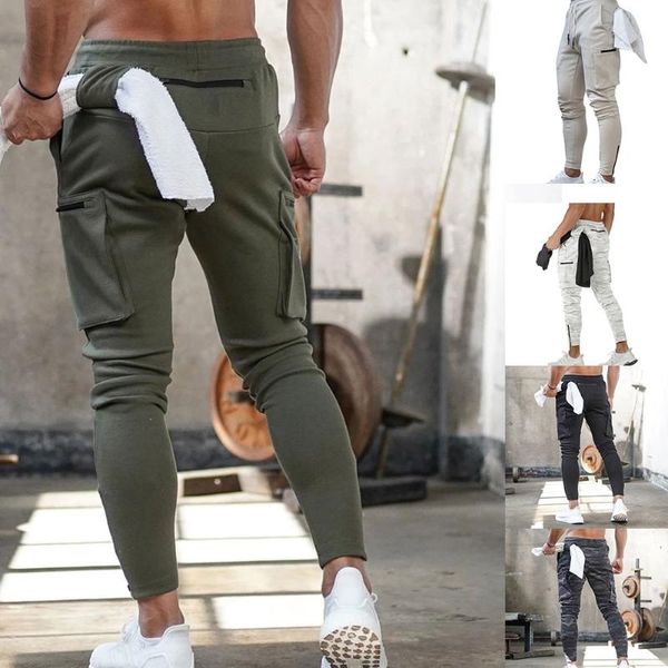 

men's pants men business casual cotton slim straight trousers spring summer long multi-pocket zip-up sweatpants jogging, Black