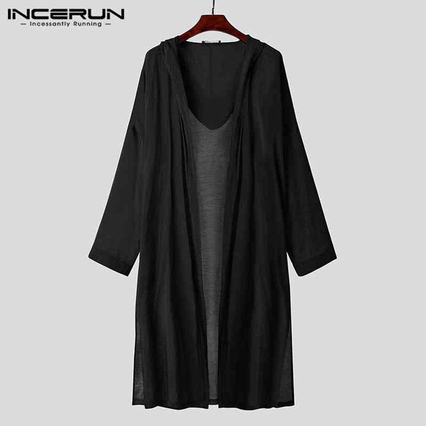 

incerun - men's hoodie, translucent long sve street cloth, open knit windbreaker, korean solid color thin cloth, Tan;black