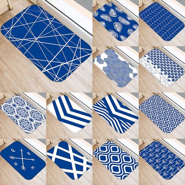 

blue geometric pattern 40*60cm door mat kitchen entrance coral velvet carpet rubber indoor floor mats non-anti-slip rug 48029-2 carpets