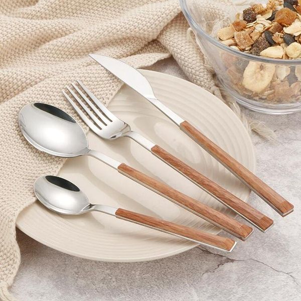 

4pcs 304 stainless steel dinnerware sets glossy silver wooden tableware western food knife fork teaspoon cutleries