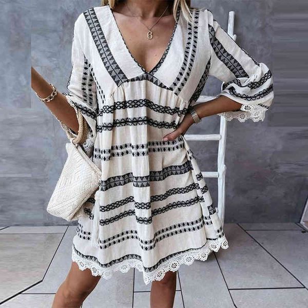

women abstract striped long flare sleeve v neck mini dress chic lace hem slim party club dresses 210521, Black;gray