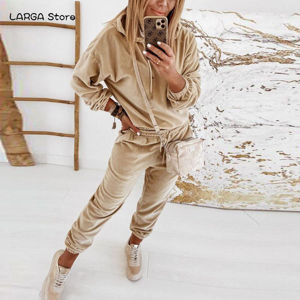 

women's two piece pants hoodies suit winter autumn solid casual tracksuit ladies velvet 2 pieces set home sweatpants fashion sweatshirt, White