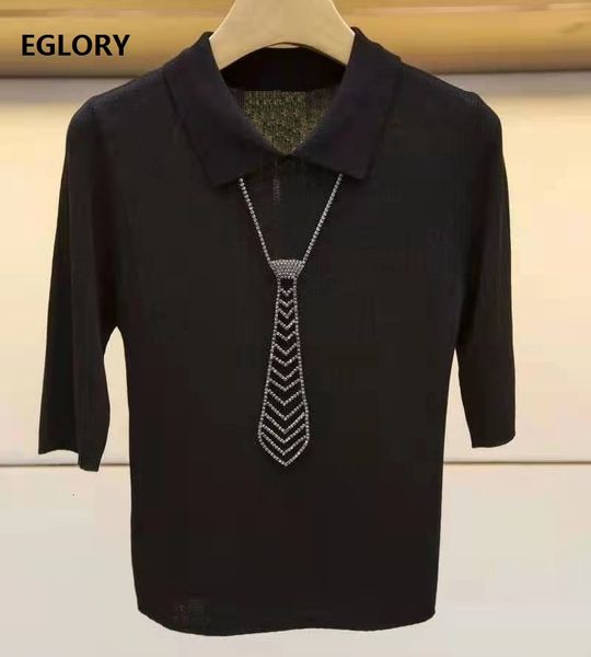 

knits spring summer fashion women turn-down collar crystal beading bow deco half sleeve casual grey white black basic