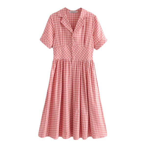 

red plaid dress vintage notch collar button short sleeve fit and flare knee length d1104 210514, Black;gray
