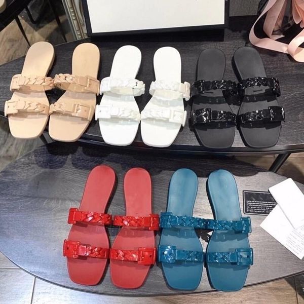

summer pvc women's slides chain-shaped decor flat jelly slippers outdoor beach female shoes designer, Black