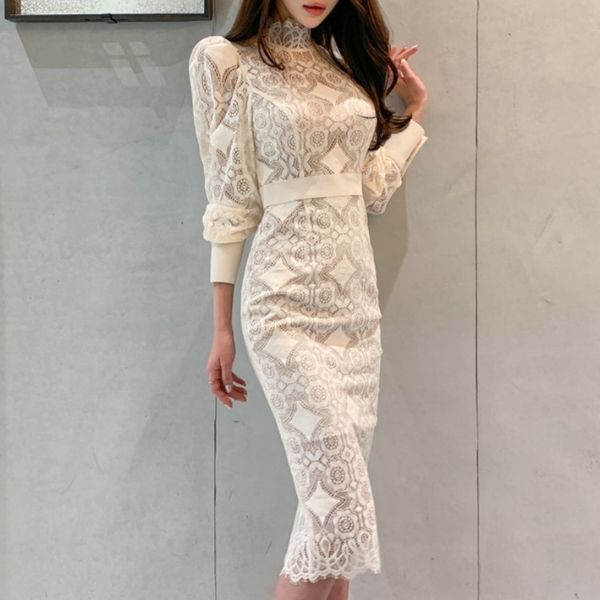

autumn full sleeve embroidery lace patchwork elegant party slim bodycon pencil midi women's dress 210518, Black;gray