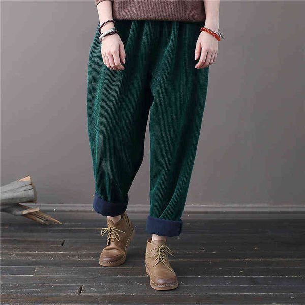 

johnature corduroy vintage pants solid color elastic waist trouser winter thick warm pockets fleece women harem 211124, Black;white