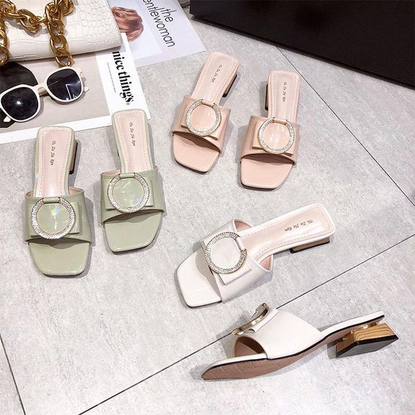 

slippers big size 35-43 2021 summer woman low heel shoes ladies rhinestone party chunky heels square toe sandals, Black