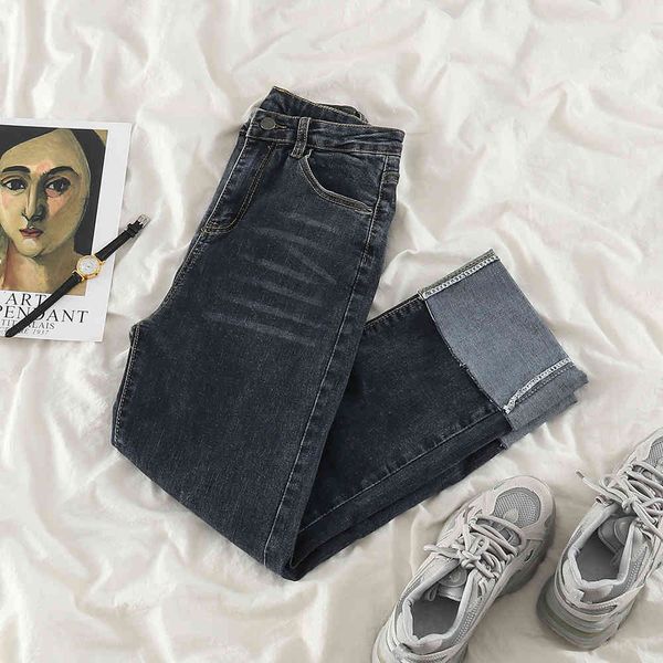 

women's jeans wide brim pants of fallen-waisted women will see retro easy matching curling design sense baggy straight 24cf, Blue