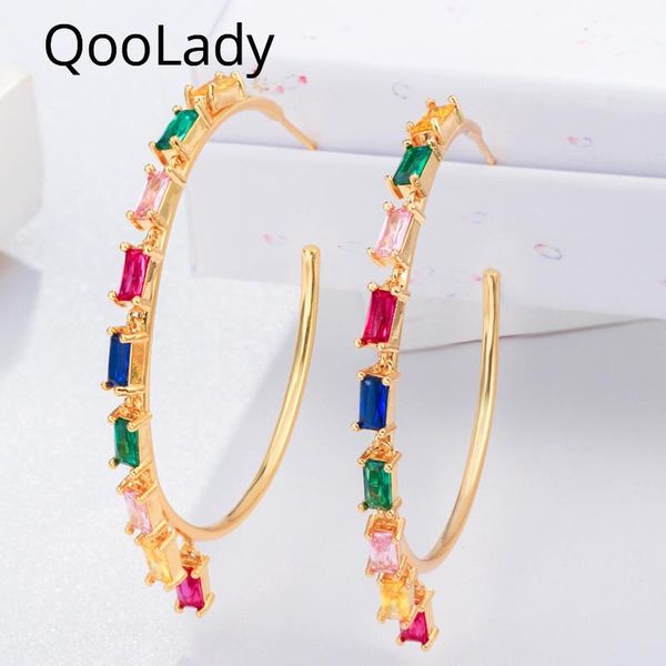

qoola bohemian style baguette rainbow mix color cubic zirconia stone dangling drop big hoop earrings for women jewelry gift e052 & huggie, Golden;silver