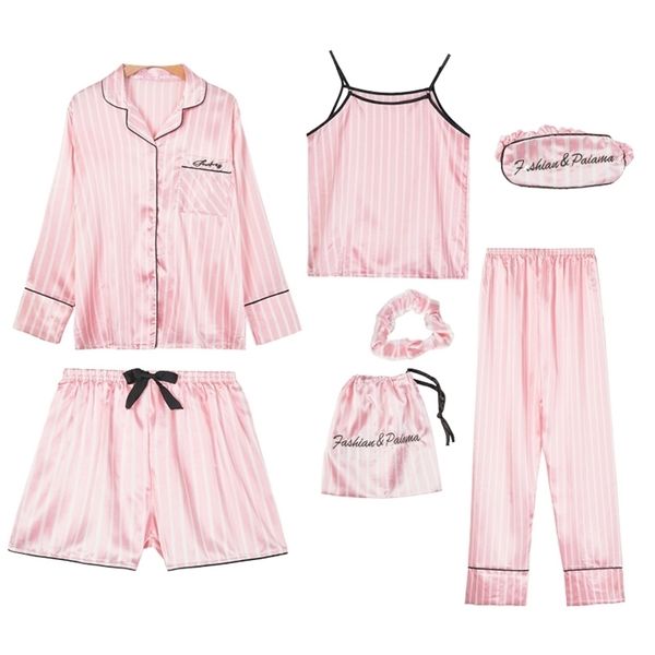 

pink women's 7 pieces pajamas sets faux silk striped pyjama women sleepwear spring summer autumn homewear 211106, Black;red