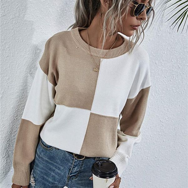

women's sweaters loose knitted sweater women jumpers long sleeve pullovers casual 2021 autumn winter patchwork color, White;black