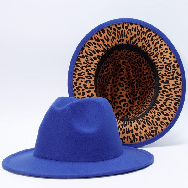 

wide brim hats 2021 women leopard print patchwork solid men panama felted winter jazz fedoras hat sombreros de mujer, Blue;gray
