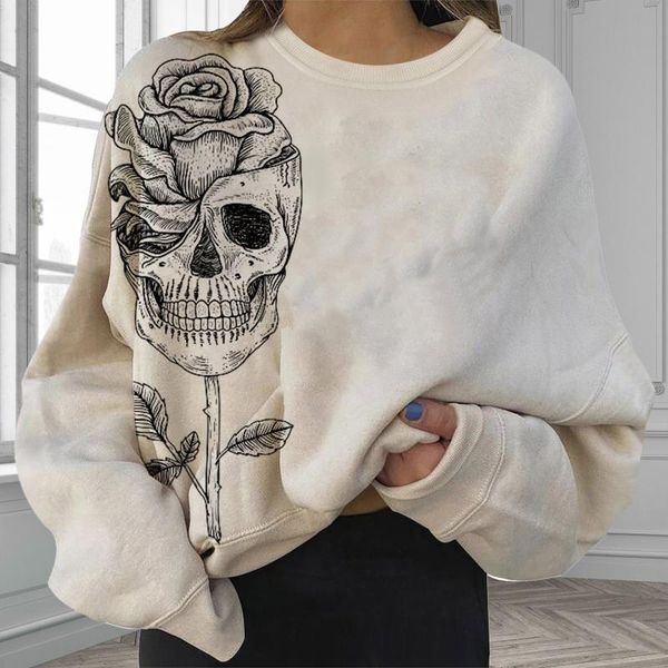 

women's hoodies & sweatshirts 40# skull 3d printed sweatshirt halloween plus size women round neck long-sleeved loose velvet, Black
